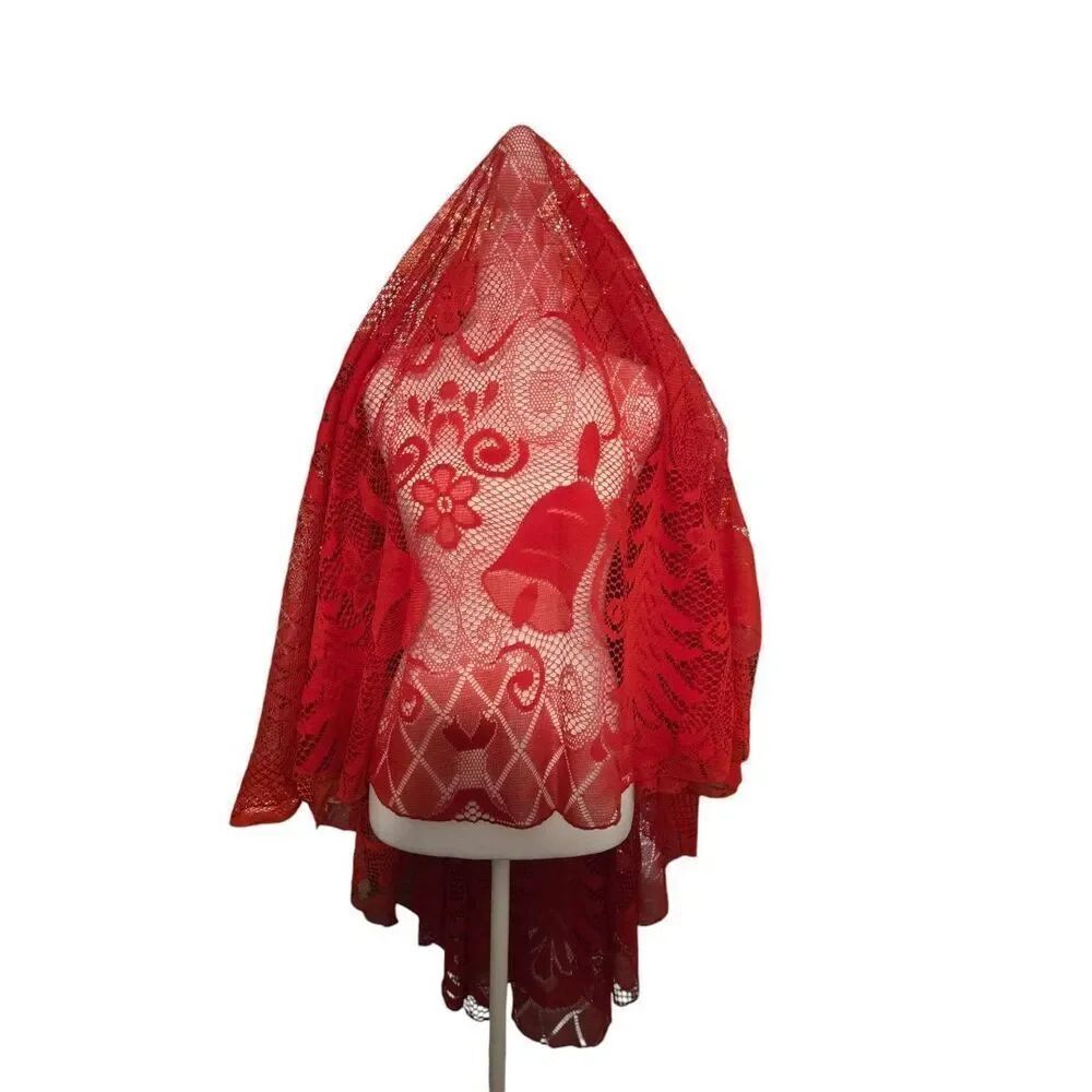 Red Lace Polyester 72" Round Tablecloth
